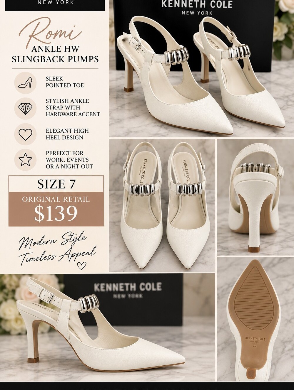 NIB Kenneth Cole Romi Pointed Slingback Pumps — White